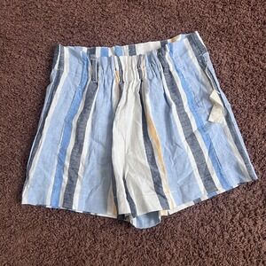 Indigo Rein Womens Linen Blend Striped Paperbag Waist Shorts Blue Yellow Large